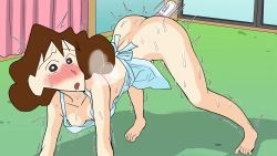 Rule 34 | 1girl, anal, anal object insertion, apron, ass, barefoot, bent over, blush, breasts, crayon shin-chan, dildo, drooling, female focus, highres, indoors, mature female, naked apron, nohara misae, object insertion, pink curtains, pussy juice drip, sex toy, shimofuritei, solo, sweat, trembling