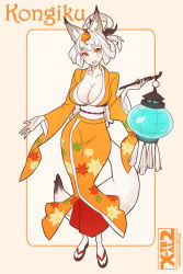 Rule 34 | 1girl, animal ears, artist name, breasts, brown eyes, character name, cleavage, fang, fox ears, fox tail, full body, grey hair, huge breasts, japanese clothes, kimono, kitsune, kongiku, lantern, leaf, leaf on head, looking at viewer, oboro muramasa, open mouth, sandals, smile, solo, tail, vanillaware, x-t3al