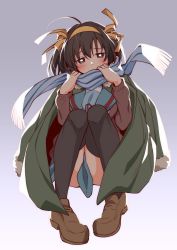 Rule 34 | 1girl, black thighhighs, blue sailor collar, blue scarf, blue skirt, blush, bob cut, brown cardigan, brown eyes, brown footwear, brown hair, cardigan, coat, commentary request, green coat, hair ribbon, hairband, highres, kita high school uniform, loafers, long sleeves, looking at viewer, medium hair, red ribbon, ribbon, sailor collar, scarf, school uniform, serafuku, shoes, skirt, solo, striped clothes, striped scarf, suzumiya haruhi, suzumiya haruhi no yuuutsu, taiki (6240taiki), thighhighs, yellow hairband, yellow ribbon