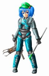 Rule 34 | armor, blue eyes, blue hair, blue theme, crossover, crowbar, five-seven (0verlimits), formal, gloves, gravity gun, gun, hair bobbles, hair ornament, half-life, half-life (series), half-life 2, hat, kawashiro nitori, looking at viewer, short hair, suit, touhou, twintails, weapon, white background