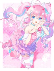 Rule 34 | 1girl, ahoge, blue eyes, blue hair, blue thighhighs, demon girl, demon tail, full body, geta (epicure no12), horns, indie virtual youtuber, layered skirt, long hair, looking at viewer, multicolored clothes, multicolored hair, open mouth, pink thighhighs, skirt, streaked hair, striped clothes, striped thighhighs, tail, tenshimi (vtuber), thighhighs, virtual youtuber, wing hair ornament