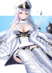 1girl, absurdres, azur lane, bare shoulders, black panties, blue background, boots, breasts, cleavage, coat, cross-laced clothes, cross-laced footwear, dress, elbow gloves, fur coat, gloves, hat, highres, ice shard, long hair, looking at viewer, medium breasts, mole, mole on breast, open clothes, open coat, panties, pantyshot, peaked cap, red eyes, solo, tallinn (azur lane), thigh boots, thighhighs, two-tone background, underwear, white background, white dress, white footwear, white gloves, white hair, white headwear, wrist cuffs, you (yoyou)
