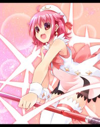 Rule 34 | 1girl, :d, absurdres, ahoge, bad id, bad pixiv id, bow, chibi (nekomimimi), gloves, hat, highres, houkago no pleiades, letterboxed, long hair, magical girl, open mouth, pink bow, pink hair, red eyes, short hair, smile, solo, staff, subaru (houkago no pleiades), thighhighs