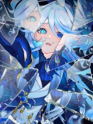 Rule 34 | 1girl, air bubble, app filter, ascot, black gloves, blue ascot, blue bow, blue brooch, blue eyes, blue hair, blue jacket, bow, broken mirror, bubble, crying, crying with eyes open, furina (genshin impact), furrowed brow, genshin impact, gloves, hat, heterochromia, highres, jacket, long hair, lower teeth only, mirror, multicolored hair, open mouth, reaching, reaching towards viewer, reflection, sidelocks, solo, streaked hair, teardrop, tears, teeth, top hat, two-tone hair, underwater, water, xxchicoxxf