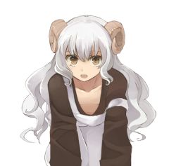 Rule 34 | 1girl, apron, brown hair, downblouse, extended downblouse, flat chest, horns, leaning forward, long hair, monorino, monster girl, navel, no bra, open mouth, original, sheep girl, sheep horns, simple background, solo, white background, white hair