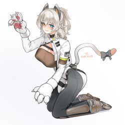 1girl :3 animal_ears animal_hands blush bow breasts cat_ears cat_paws cat_tail covered_erect_nipples fake_animal_ears fake_tail full_body girls&#039;_frontline girls&#039;_frontline_2:_exilium grey_bow heterochromia highres kneeling large_breasts looking_at_viewer mk_xlviii paw_tattoo peritya_(girls&#039;_frontline_2) simple_background solo tail tail_bow tail_ornament white_background