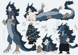 1boy absurdres animal_head baozi black_hair blue_background blue_tongue centauroid christmas_lights christmas_star christmas_tree_costume ckillust colored_tongue deformed dragon_boy dragon_horns dragon_tail eating food forked_tongue full_body hair_over_one_eye highres horns lying male_focus monster_boy multiple_views on_side original rearing simple_background tail taur tongue translation_request