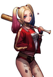 Rule 34 | 1girl, baseball bat, batman (series), blonde hair, blouse, blue eyes, blue hair, body writing, bracelet, breasts, clothes writing, colored tips, cowboy shot, dc comics, english text, harley quinn, highres, jewelry, lipstick, long hair, makeup, matching hair/eyes, multicolored hair, one eye closed, pantyhose, shirt, short shorts, shorts, simple background, solo, spiked bracelet, spikes, suicide squad, tattoo, torn clothes, torn shirt, twintails, weapon, white background, wink