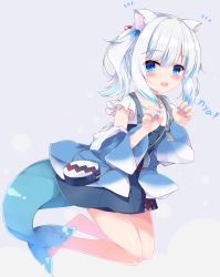 Rule 34 | 1girl, :d, animal ears, bag, barefoot, blue dress, blue eyes, blue hair, blue jacket, blue nails, blush, cat ears, claw pose, commentary request, dress, fins, fish tail, fuuna, gawr gura, gawr gura (casual), grey background, hands up, highres, hololive, hololive english, jacket, long sleeves, looking at viewer, multicolored hair, nail polish, off shoulder, official alternate costume, open clothes, open jacket, open mouth, romaji text, shark tail, sharp teeth, shirt, shoulder bag, silver hair, simple background, sleeveless, sleeveless dress, smile, solo, streaked hair, tail, teeth, twintails, virtual youtuber, white shirt