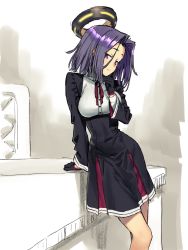 Rule 34 | 1girl, absurdres, black dress, black gloves, commentary request, cowboy shot, dress, forehead, gloves, hair between eyes, halo, highres, ikezawa shin, kantai collection, light smile, looking at viewer, mechanical halo, neck ribbon, purple eyes, purple hair, red ribbon, ribbon, short hair, skirt, solo, standing, table, tatsuta (kancolle)