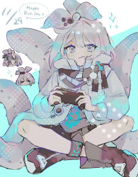 Rule 34 | 1girl, absurdres, aqua background, aqua hair, arknights, chibi, controller, english text, game controller, highres, holding, holding controller, holding game controller, jacket, kirara (arknights), looking at viewer, mi (mituki wandoro), pink hair, playing games, short hair, simple background, sitting, tentacles, upper body, white background