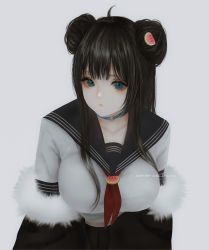 Rule 34 | 1girl, aoi ogata, artist name, black hair, black jacket, black sailor collar, black skirt, blue eyes, breasts, clip studio paint (medium), closed mouth, commentary, commission, double bun, english commentary, food-themed hair ornament, fur-trimmed jacket, fur trim, grey background, hair bun, hair ornament, highres, jacket, large breasts, looking at viewer, neckerchief, off shoulder, original, pleated skirt, red neckerchief, sailor collar, shirt, simple background, skirt, solo, upper body, virtual youtuber, watermelon hair ornament, white shirt