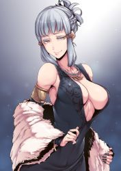 Rule 34 | 1girl, bare shoulders, braid, breasts, coat, dress, fate/grand order, fate (series), french braid, fur coat, gradient background, grey background, highres, jewelry, large breasts, long hair, nail polish, nakamura regura, necklace, penthesilea (fate), penthesilea (shining skyscrapers) (fate), sidelocks, silver hair, smile, upper body, yellow eyes