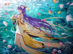 Rule 34 | 1girl, bare shoulders, blurry, breasts, depth of field, dress, floating hair, flower, hair flower, hair ornament, hairpin, holding, holding flower, large breasts, falling leaves, long hair, looking at viewer, looking back, mo qingxian, motion blur, petals, purple eyes, purple hair, red flower, ripples, solo, tassel, thighs, tidsean, very long hair, vocaloid, vocanese, wading, water, white dress, white flower