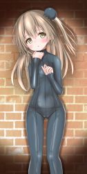 Rule 34 | 1girl, black bodysuit, blush, bodysuit, brick wall, brown eyes, bun cover, commentary request, covered navel, flat chest, frown, girls und panzer, groin, hair bun, head tilt, highres, langley1000, light brown hair, long sleeves, looking at viewer, one side up, parted lips, partial commentary, shimada arisu, side bun, single hair bun, single side bun, solo, spotlight, standing