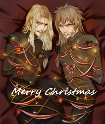 Rule 34 | 024 (1a41a4), 2boys, absurdres, beard, blonde hair, christmas lights, christmas ornaments, christmas sweater, facial hair, fate/apocrypha, fate/extra, fate/grand order, fate (series), highres, long hair, long sleeves, looking at viewer, male focus, multiple boys, open mouth, vlad iii (fate/apocrypha), vlad iii (fate/extra)