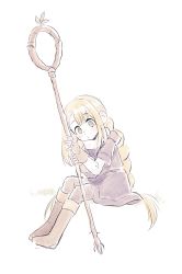 Rule 34 | 1girl, alternate species, blonde hair, blush, boots, braid, braided ponytail, brown footwear, brown gloves, dungeon meshi, fingerless gloves, full body, gloves, green eyes, halfling, hands up, highres, holding, holding staff, hood, hood down, invisible chair, layered sleeves, long hair, long sleeves, looking at viewer, marcille donato, marcille donato (half-foot), osadabatake, pants, robe, scarf, short over long sleeves, short sleeves, simple background, single braid, sitting, solo, sprout, staff, very long hair, white background, white scarf