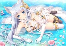 Rule 34 | 10s, 1girl, animal ears, artist name, bare shoulders, black thighhighs, blue hair, body blush, detached collar, erune, feathers, flower, full body, granblue fantasy, korwa, long hair, lying, on side, ozawa yuu, parted lips, petals, pink flower, pink rose, rose, solo, sunlight, thighhighs, very long hair, water, white thighhighs