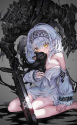 Rule 34 | 1girl, animal, armor, bare legs, bare shoulders, barefoot, black cat, breasts, cat, cleavage, detached sleeves, grey background, hair between eyes, hairband, highres, holding, holding animal, large breasts, legs, looking at viewer, original, shirt, short hair, simple background, sitting, sword, thighs, voruvoru, wariza, weapon, white hair, white shirt, yellow eyes