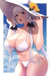 Rule 34 | 1girl, azur lane, bare shoulders, bikini, blush, breasts, cleavage, flower, hair ornament, hat, hat flower, hat ornament, highres, illustrious (azur lane), large breasts, large hat, long hair, looking at viewer, mole, mole under eye, navel, open mouth, outdoors, smile, solo, swimsuit, wee (weeyy), white bikini, white hair, white hat