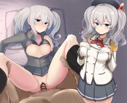Rule 34 | 1boy, 1girl, bar censor, black socks, blue eyes, blush, breasts, breasts out, censored, closed mouth, clothed sex, dark-skinned male, dark skin, epaulettes, gloves, hair between eyes, hetero, jacket, kantai collection, kashima (kancolle), kneehighs, long sleeves, looking at viewer, lying, medium breasts, military jacket, missionary, myht, nipples, on back, penis, pleated skirt, pov, sex, silver hair, skirt, socks, twintails, vaginal, white gloves