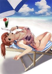 Rule 34 | 1girl, absurdres, arai kei, bare arms, bare legs, bare shoulders, beach, beach chair, bead bracelet, beads, bikini, bikini under clothes, black bikini, blue sky, blush, bracelet, breasts, brown eyes, brown hair, chair, cherry, cleavage, cloud, cloudy sky, cocktail, collarbone, crop top, cropped, cup, day, drinking glass, eyelashes, fingernails, flower, food, fruit, full body, glass, hibiscus, highres, holding, holding food, holding fruit, jewelry, large breasts, legs together, looking at viewer, lounge chair, lying, mouth hold, non-web source, ocean, on back, outdoors, parted bangs, ponytail, red flower, scan, shirt, side-tie bikini bottom, sidelocks, sky, sleeveless, sleeveless shirt, solo, striped, swimsuit, table, toranoana, water, waves