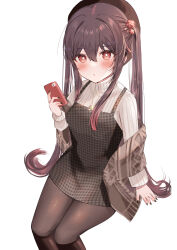 Rule 34 | 1girl, absurdres, alternate costume, beret, black nails, black pantyhose, breasts, brown hair, casual, cellphone, flower, flower-shaped pupils, genshin impact, hair flower, hair ornament, hairclip, hat, highres, holding, holding phone, hu tao (genshin impact), jewelry, long hair, looking at viewer, necklace, pantyhose, phone, red eyes, rim (ririm711), shawl, simple background, small breasts, smartphone, smartphone case, solo, sweater, symbol-shaped pupils, turtleneck, turtleneck sweater, twintails, white background