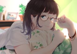 Rule 34 | 1girl, adjusting eyewear, backlighting, bad id, bad pixiv id, bedroom, blue eyes, blunt bangs, blurry, bracelet, brown hair, curtains, depth of field, earrings, eyelashes, glasses, highres, indoors, jewelry, looking at viewer, looking to the side, lying, mole, mole under mouth, nail polish, hugging object, on bed, on stomach, original, photo (object), pillow, pillow hug, plant, potted plant, saitou (lynx-shrike), semi-rimless eyewear, smile, sunlight, under-rim eyewear