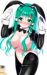 Rule 34 | 1girl, afterimage, alternate costume, animal ears, artist name, black bow, bow, bowtie, breasts, closed mouth, cowboy shot, dated, fake animal ears, fake tail, frog hair ornament, gloves, green eyes, green hair, hair between eyes, hair censor, hair ornament, hair over breasts, hair tubes, highres, kochiya sanae, large breasts, long hair, long sleeves, meme attire, pyonta, rabbit ears, rabbit pose, rabbit tail, reverse bunnysuit, reverse outfit, sidelocks, simple background, snake hair ornament, solo, tail, touhou, white background, white gloves, yamaguchi yuu