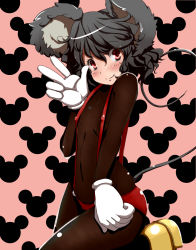Rule 34 | 1girl, animal ears, cosplay, dearmybrothers, disney, face, female focus, flat chest, gloves, grey hair, highres, mickey mouse, mickey mouse (cosplay), mouse ears, mouse tail, nazrin, nipples, red eyes, solo, tail, touhou, v
