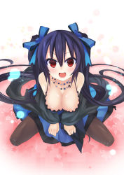 Rule 34 | 10s, 1girl, :d, bare shoulders, black hair, black pantyhose, blush, breasts, cleavage, full body, hair ribbon, highres, jewelry, kurokitsune595, large breasts, long hair, looking at viewer, necklace, neptune (series), noire (neptunia), open mouth, padocchi (kurokitsune), pantyhose, red eyes, ribbon, sitting, smile, solo, star (symbol), twintails, very long hair