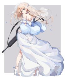 Rule 34 | 1girl, anklet, assault rifle, bare shoulders, blonde hair, blue eyes, blush, braid, breasts, bridal veil, choker, dress, earrings, feather boa, floating hair, from behind, full body, g36 (girls&#039; frontline), g36 (pure white cornflower) (girls&#039; frontline), girls&#039; frontline, gun, h&amp;k g36, hair between eyes, hair ornament, high heels, highres, holding, holding gun, holding weapon, jewelry, long hair, looking at viewer, medium breasts, off-shoulder dress, off shoulder, official alternate costume, outside border, petals, rifle, shoulder blades, sidelocks, simple background, smile, solo, tai san ps4, veil, very long hair, weapon, wedding dress, white dress, white footwear