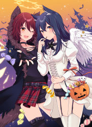 Rule 34 | 2girls, ;d, absurdres, alternate costume, angel wings, animal ear fluff, animal ears, arknights, bat (animal), belt, belt buckle, black choker, black coat, black flower, black gloves, black hair, black legwear, black shirt, black shorts, blush, breasts, buckle, candy, castle, chiwa (chiwawanwan1206), choker, coat, collarbone, corset, cowboy shot, cross, detached wings, dress, eating, energy wings, exusiai (arknights), feathered wings, fingerless gloves, flower, food, fur-trimmed coat, fur trim, garter straps, gloves, halloween bucket, halo, highres, holding, holding food, hood, hood up, hooded coat, juliet sleeves, lily (flower), long hair, long sleeves, looking at viewer, multiple girls, navel, one eye closed, open clothes, open coat, open mouth, orange background, orange eyes, outstretched arm, plaid, plaid skirt, puffy sleeves, purple background, red hair, red skirt, shirt, short hair, short shorts, shorts, skirt, small breasts, smile, star (symbol), tail, texas (arknights), thighhighs, two-tone background, white dress, white legwear, white wings, wings, wolf ears, wolf girl, wolf tail