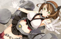 Rule 34 | 10s, 1girl, bad id, bad pixiv id, black legwear, breasts, brown hair, chain, gloves, green eyes, headgear, kantai collection, looking at viewer, medium breasts, midriff, miniskirt, mutsu (kancolle), navel, ootani mikoto, personification, red legwear, short hair, skirt, smile, solo, white gloves