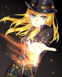 Rule 34 | 10s, 1girl, ayase eli, bad id, bad pixiv id, black bodysuit, blonde hair, blue eyes, bodysuit, breasts, chain, chain necklace, cleavage, dark background, fire, gold chain, hair down, half-closed eyes, hat, jewelry, long hair, love live!, love live! school idol festival, love live! school idol project, medium breasts, necklace, niro (sikabanekurui), pointing, pointing at viewer, smile, solo, swept bangs