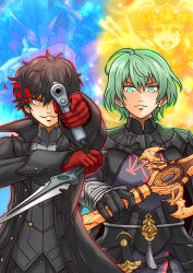 Rule 34 | 2boys, amamiya ren, arsene (persona 5), black hair, brown hair, byleth (fire emblem), byleth (male) (fire emblem), cape, closed mouth, doumoto, fire emblem, fire emblem: three houses, glasses, gloves, green eyes, green hair, highres, holding, jacket, long sleeves, looking at viewer, male focus, mask, multiple boys, nintendo, open mouth, persona, persona 5, red eyes, red gloves, short hair, simple background, smile, sothis (fire emblem), super smash bros., sword of the creator