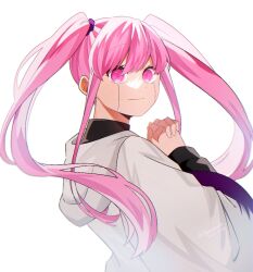 Rule 34 | 1girl, black shirt, closed mouth, from side, genjitsu o miro, hood, hood down, long sleeves, looking at viewer, looking to the side, love cute, mashle, own hands clasped, own hands together, pink eyes, pink hair, shirt, simple background, smile, solo, twintails, upper body, white background