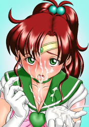 Rule 34 | 1girl, aqua background, bishoujo senshi sailor moon, blush, bow, breasts, brooch, brown hair, choker, cleavage, collarbone, cum, cum in clothes, cum in face, cum in mouth, cum on body, cum on clothes, cum on gloves, cum on hair, diadem, earrings, elbow gloves, eyebrows, eyelashes, facial, female focus, gloves, green eyes, green sailor collar, hair bobbles, hair ornament, hand up, jewelry, kino makoto, long hair, looking at viewer, lowres, magical girl, open mouth, pink bow, ponytail, sailor collar, sailor jupiter, short sleeves, simple background, solo, star (symbol), star choker, stud earrings, tagme, teeth, tiara, upper body, upper teeth only, white gloves