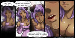Rule 34 | 1girl, absurdres, blurry, blush, breasts, breath, cleavage, close-up, comic, dark skin, dark-skinned female, demon girl, female focus, highres, horns, indoors, large breasts, magion02, pov, purple hair, red eyes, smile, solo, sweater, white background