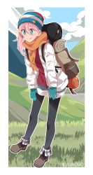 Rule 34 | 1girl, absurdres, arms at sides, asymmetrical hair, backpack, bag, black pantyhose, blue eyes, blue gloves, boots, border, closed mouth, cloud, commentary request, denim, denim shorts, eyes visible through hair, gloves, grass, hair between eyes, highres, jacket, kagamihara nadeshiko, kyoukouo, long hair, long sleeves, mountain, multicolored clothes, orange scarf, pantyhose, pink hair, red shirt, scarf, shirt, shorts, signature, sky, sleeping bag, smile, solo, standing, star (symbol), striped, translucent hair, white jacket, woollen cap, yurucamp