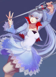 Rule 34 | 1girl, belt, blue background, blue eyes, blurry, catwyz, cropped jacket, depth of field, dress, high collar, highres, holding, holding sword, holding weapon, jewelry, lace, lace-trimmed skirt, lace trim, long hair, long sleeves, necklace, pendant, ponytail, rapier, ribbon, rwby, skirt, solo, sword, tiara, very long hair, weapon, weiss schnee, white dress, white hair, wide sleeves