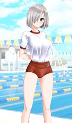 Rule 34 | 1girl, absurdres, alternate costume, arms behind back, blue eyes, blue sky, breasts, buruma, cloud, commentary request, day, feet out of frame, grey hair, gym shirt, gym uniform, hair ornament, hair over one eye, hairclip, hamakaze (kancolle), highres, kantai collection, lane line, large breasts, looking at viewer, outdoors, parted lips, pool, red buruma, shirt, short hair, sky, solo, string of flags, t-shirt, takafumi, white shirt