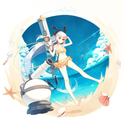 Rule 34 | 1girl, absurdly long hair, animal, arknights, beach, bikini, black ribbon, blue sky, breasts, cannon, clam shell, cloud, commentary, crab, day, english commentary, frilled swimsuit, frills, hair ribbon, hand to forehead, hermit crab, highres, holding, holding water gun, long hair, low-tied long hair, low ponytail, ocean, open mouth, orange bikini, red eyes, rhodes island logo (arknights), ribbon, sand, shell, silver hair, sky, small breasts, solo, sora e no tobira, starfish, swimsuit, trowel, very long hair, water gun, weedy (arknights)