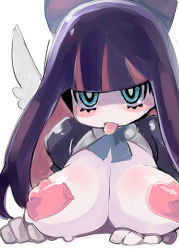 Rule 34 | 10s, 1girl, aqua eyes, blush, breast rest, breasts, cleavage, colored inner hair, covered erect nipples, heart pasties, huge breasts, long hair, multicolored hair, panty &amp; stocking with garterbelt, pasties, pink hair, purple hair, solo, stocking (psg), tongue, tongue out, two-tone hair, wings, zankuro