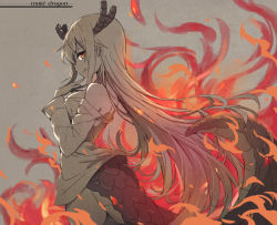 Rule 34 | 10s, 1girl, :q, bare shoulders, breasts, closed mouth, copyright name, cowboy shot, dragon girl, dragon horns, dragon tail, fire, from side, grey background, horns, kobayashi-san chi no maidragon, long hair, long sleeves, looking at viewer, looking to the side, medium breasts, no pants, off shoulder, orange eyes, scales, shirt, sidelocks, simple background, smile, solo, standing, tail, tohru (maidragon), tonee, tongue, tongue out, very long hair