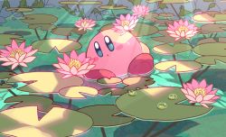 Rule 34 | 1other, :o, algae, blue eyes, blush stickers, colored skin, day, facing viewer, flower, kirby, kirby (series), light rays, lily pad, looking away, lotus, moss, mutekyan, nintendo, no humans, outdoors, partially submerged, pink skin, rock, solo, water, water drop