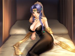 Rule 34 | 1girl, blue hair, blush, breasts, covered erect nipples, female focus, furea, game cg, large breasts, queen bonjourno, red eyes, sano toshihide, solo, tiara