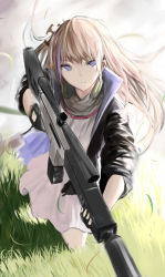 Rule 34 | 1girl, ar-15, assault rifle, bad id, bad pixiv id, blue eyes, brown hair, closed mouth, cloud, cloudy sky, dress, expressionless, fingerless gloves, floating hair, girls&#039; frontline, gloves, grass, gun, hair ornament, headphones, headphones around neck, highres, holding, holding gun, holding weapon, jacket, long hair, looking at viewer, military, multicolored hair, one side up, pink hair, rifle, running, scarf, scope, short hair, side ponytail, skirt, sky, solo, st ar-15 (girls&#039; frontline), magazine (weapon), streaked hair, tall grass, thighhighs, trigger discipline, tsubaki (yi), weapon, wind