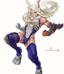 Rule 34 | 1girl, abs, absurdres, animal ear fluff, animal ears, armpits, asymmetrical gloves, bare shoulders, biceps, boku no hero academia, boots, breasts, covered navel, dark-skinned female, dark skin, diegodraws, eyes visible through hair, fighting stance, floating hair, fur collar, gloves, gluteal fold, grin, heattech leotard, highleg, highleg leotard, highres, impossible clothes, impossible leotard, leotard, long eyelashes, long hair, looking at viewer, medium breasts, midair, mirko, muscular, muscular female, rabbit ears, rabbit girl, red eyes, signature, simple background, skin tight, smile, solo, teeth, thigh boots, thighhighs, turtleneck, twisted torso, uneven gloves, very long hair, watermark, white background, white hair
