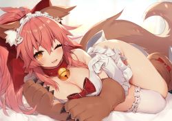 Rule 34 | 1girl, ;d, animal ear fluff, animal ears, animal hands, apron, bed sheet, bell, bow, breast press, breasts, cat hair ornament, cat paws, collar, commentary, commentary request, fangs, fate/grand order, fate (series), fox ears, fox girl, fox tail, gloves, hair ornament, hairclip, jingle bell, looking at viewer, maid headdress, muryotaro, naked apron, neck bell, one eye closed, open mouth, paw gloves, paw shoes, pink hair, ponytail, shoes, smile, solo, tail, tamamo (fate), tamamo cat (fate)